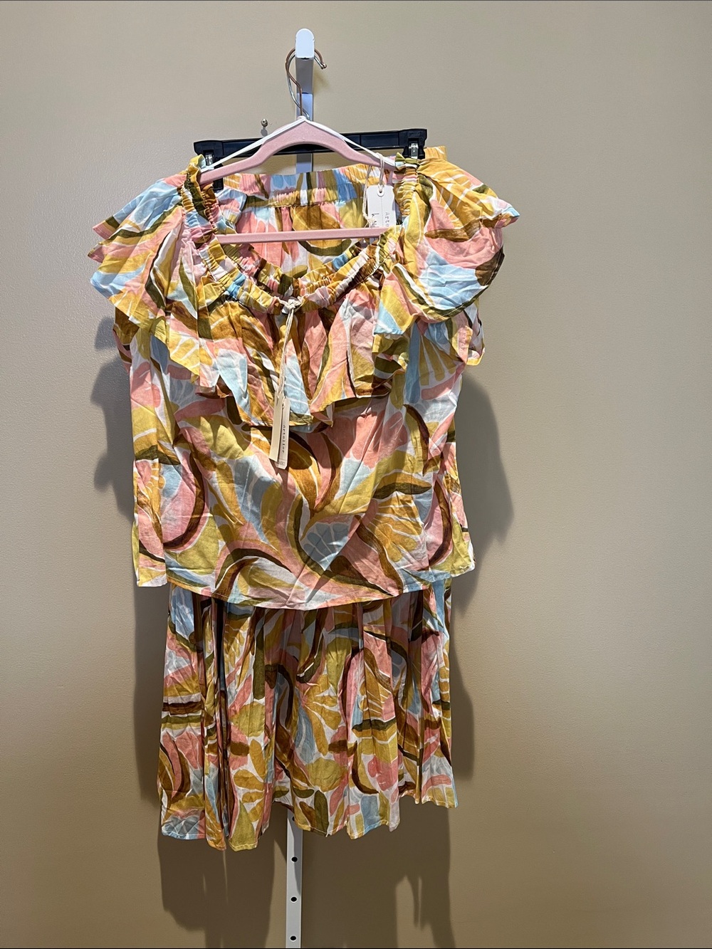 Nicole Miller Pastel Floral Drawstring Skirt in Pink, Yellow & Blue
